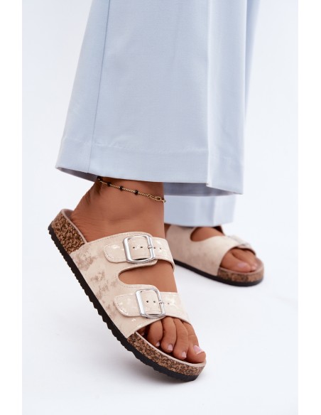 Women's Cork Heeled Sandals With Straps Beige-Gold Vivio