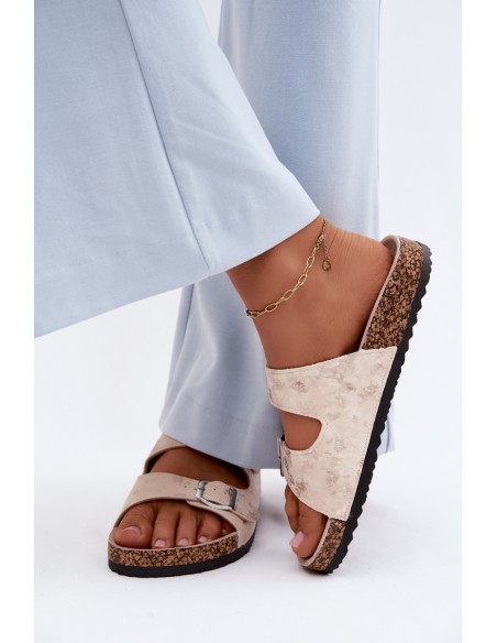 Women's Cork Heeled Sandals With Straps Beige-Gold Vivio