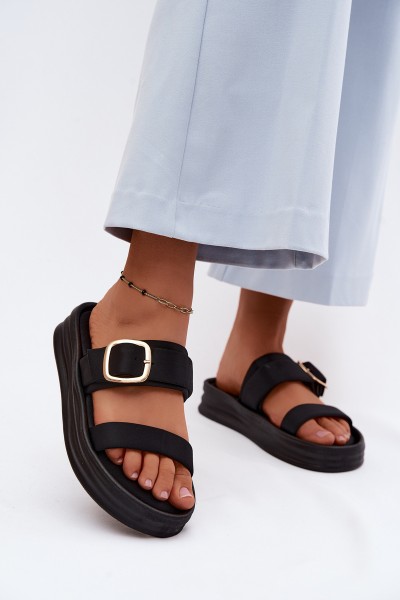 Fabric Women's Platform Slides With Straps And Gold Buckle Black Ameliette
