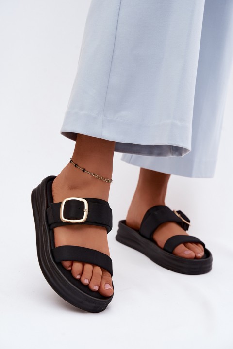 Fabric Women's Platform Slides With Straps And Gold Buckle Black Ameliette