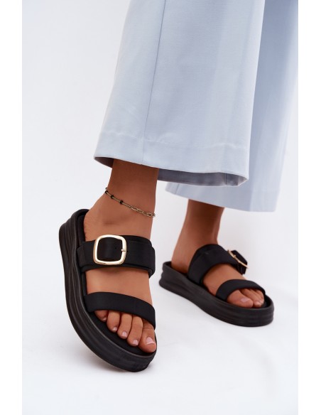 Fabric Women's Platform Slides With Straps And Gold Buckle Black Ameliette
