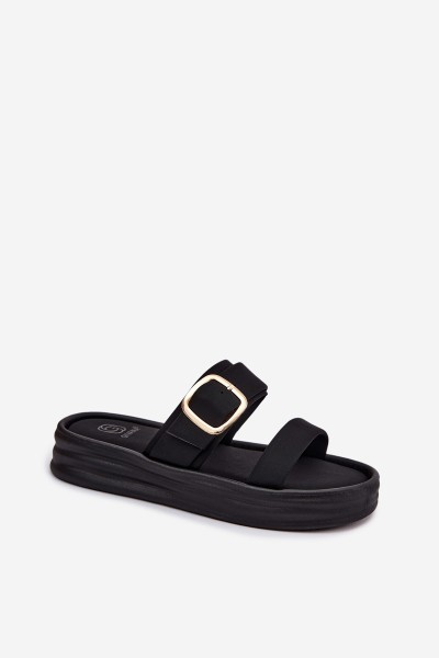 Fabric Women's Platform Slides With Straps And Gold Buckle Black Ameliette 2