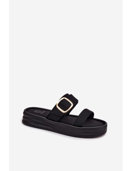 Fabric Women's Platform Slides With Straps And Gold Buckle Black Ameliette