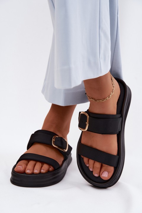 Fabric Women's Platform Slides With Straps And Gold Buckle Black Ameliette