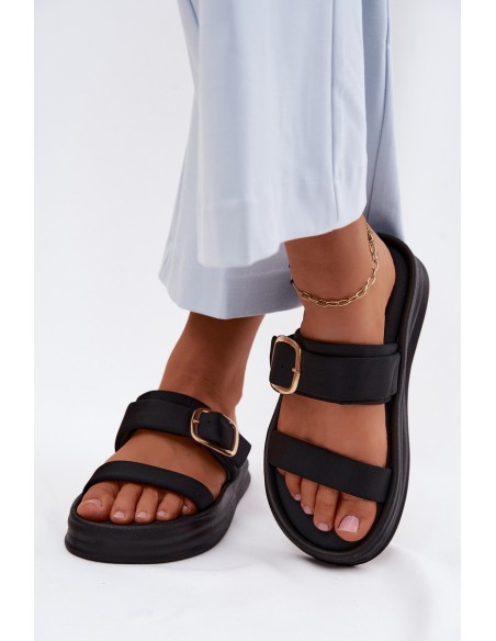 Fabric Women's Platform Slides With Straps And Gold Buckle Black Ameliette