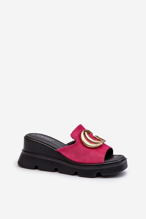 Ladies Sandals Made Of Eco Suede On Wedge And Platform With Golden Decoration Vinceza 58295 Fuchsia