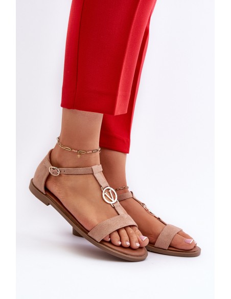 Flat Women's Sandals with Gold Ornament Vinceza 17321 Beige