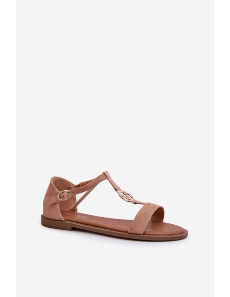 Flat Women's Sandals with Gold Ornament Vinceza 17321 Beige