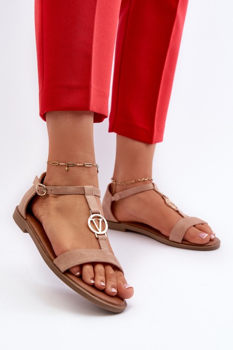 Flat Women's Sandals with Gold Ornament Vinceza 17321 Beige