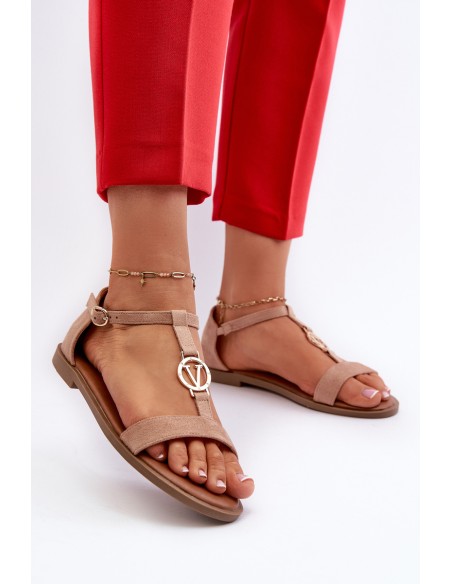 Flat Women's Sandals with Gold Ornament Vinceza 17321 Beige