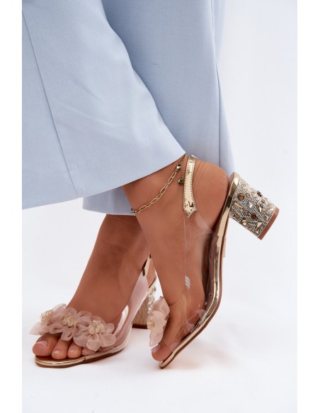Transparent Block Heel Sandals With Crystals and Flowers D&A MR61-9009 Gold
