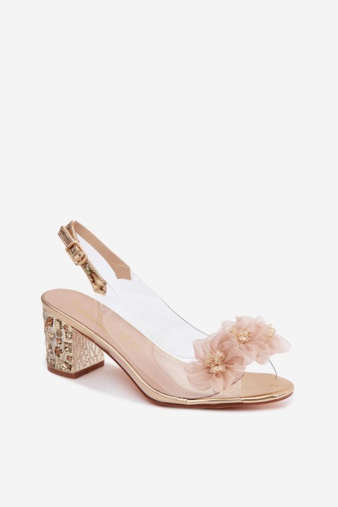 Transparent Block Heel Sandals With Crystals and Flowers D&A MR61-9009 Gold