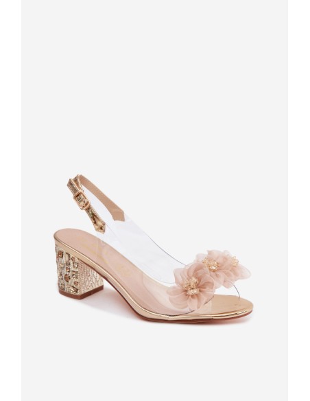 Transparent Block Heel Sandals With Crystals and Flowers D&A MR61-9009 Gold