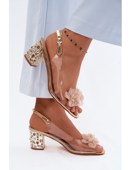 Transparent Block Heel Sandals With Crystals and Flowers D&A MR61-9009 Gold