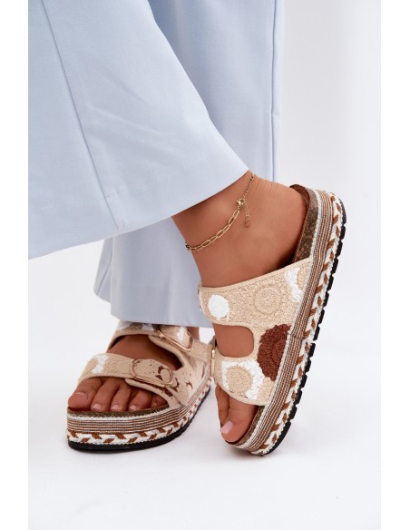 Crochet Platform Slides With Straps Beige Glimma