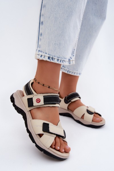 Leather Women's Sandals With Velcro Beige Blingy