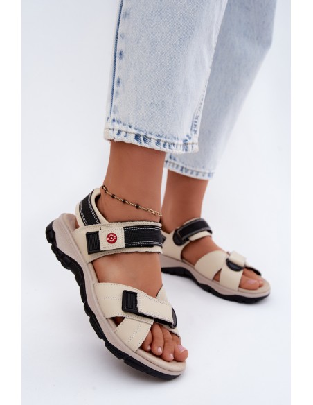 Leather Women's Sandals With Velcro Beige Blingy