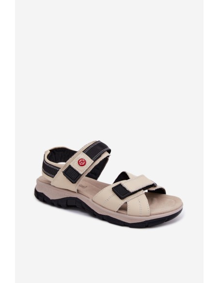 Leather Women's Sandals With Velcro Beige Blingy