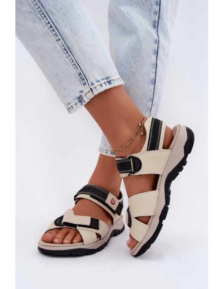 Leather Women's Sandals With Velcro Beige Blingy