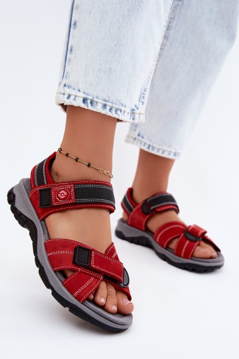 Leather Suede Women's Sandals With Velcro Red Blingy