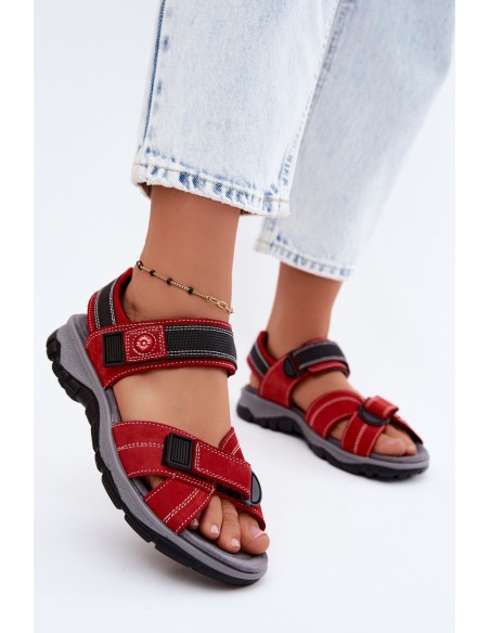 Leather Suede Women's Sandals With Velcro Red Blingy