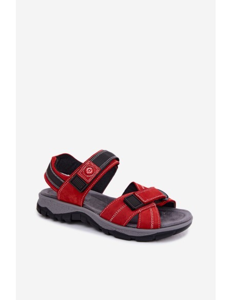 Leather Suede Women's Sandals With Velcro Red Blingy