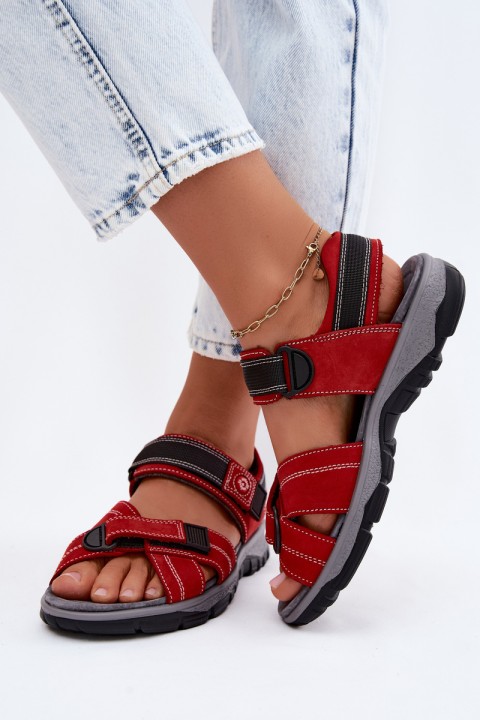 Leather Suede Women's Sandals With Velcro Red Blingy