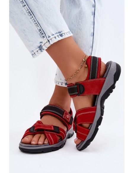 Leather Suede Women's Sandals With Velcro Red Blingy