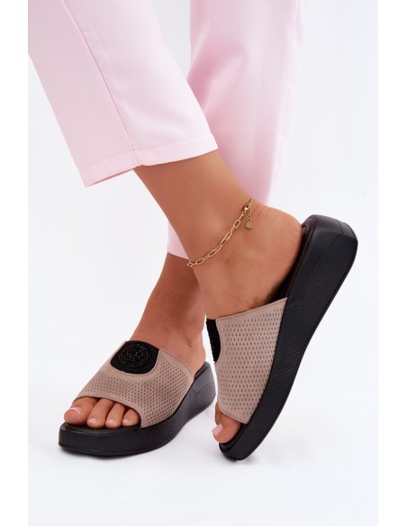 Leather Suede Women's Platform Sandals Dark Beige Fablee