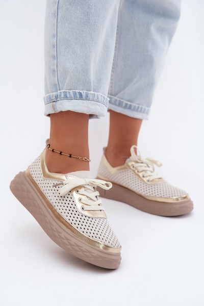 Leather Suede Women's Platform Shoes Openwork Beige Lessa