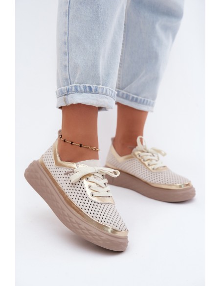 Leather Suede Women's Platform Shoes Openwork Beige Lessa