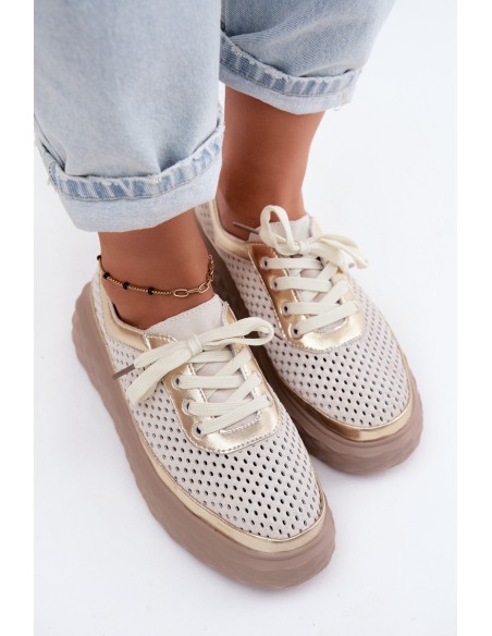 Leather Suede Women's Platform Shoes Openwork Beige Lessa
