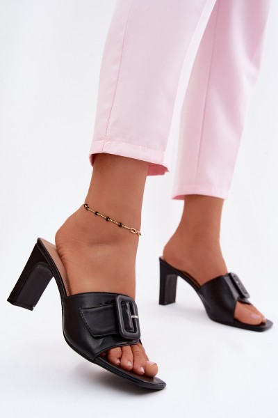 Women's Block Heel Slippers With Ornament Buckle Vinceza 22-20159 Black