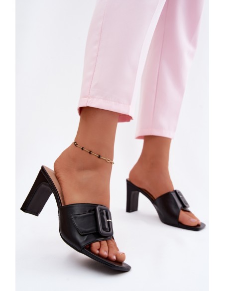 Women's Block Heel Slippers With Ornament Buckle Vinceza 22-20159 Black
