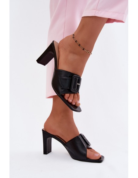 Women's Block Heel Slippers With Ornament Buckle Vinceza 22-20159 Black