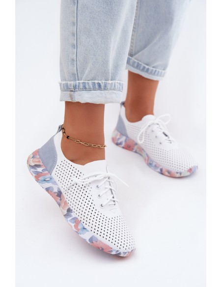Leather Women's Lace-up Platform Shoes Artiker 58C0586 White-Blue