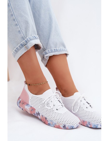 Leather Women's Lace-Up Platform Shoes Artiker 58C0587 White-Pink