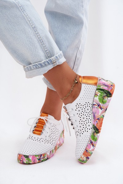 Leather Openwork Women's Loafers With Heel Artiker 56C1802 White-Orange