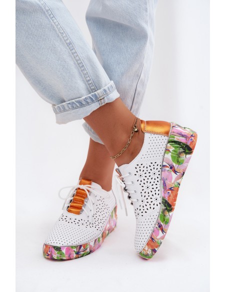 Leather Openwork Women's Loafers With Heel Artiker 56C1802 White-Orange