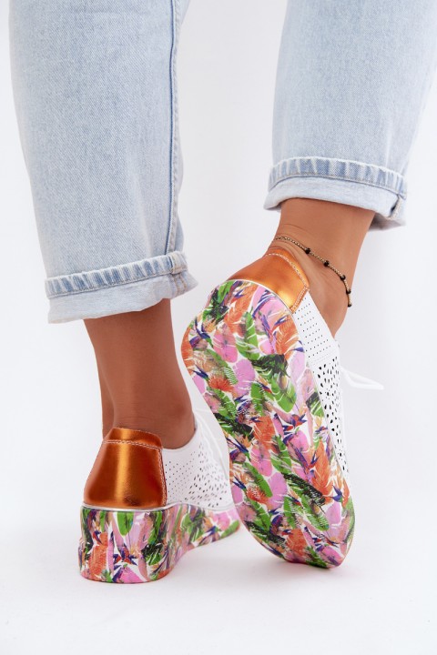 Leather Openwork Women's Loafers With Heel Artiker 56C1802 White-Orange