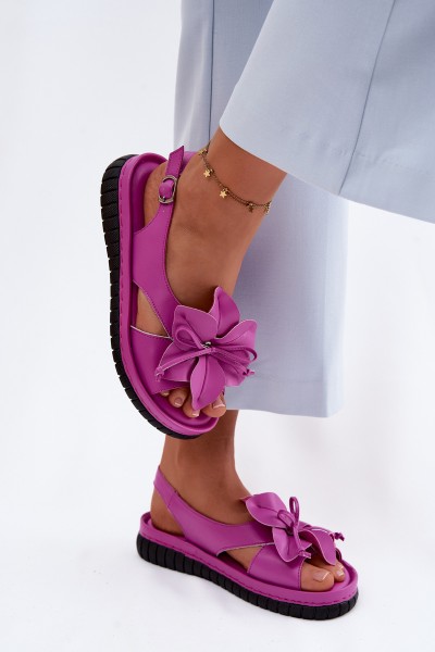 Leather Women's Sandals With Decorative Flower Vinceza 66917 Fuchsia