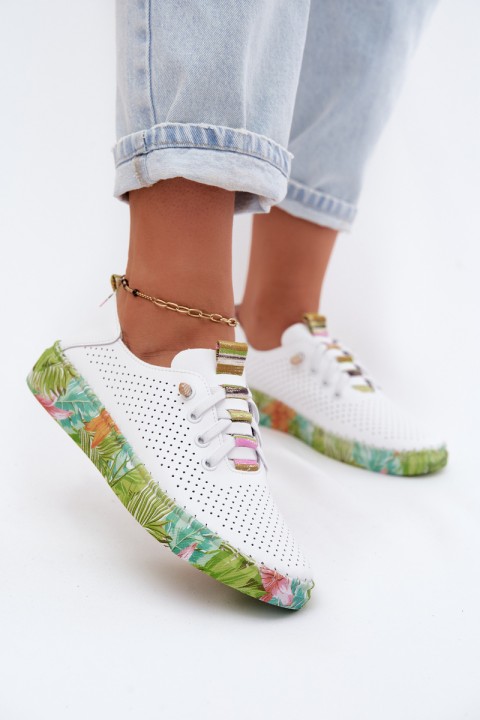 Leather Women's Shoes With Patterned Platform Artiker 58C0441 White-Green