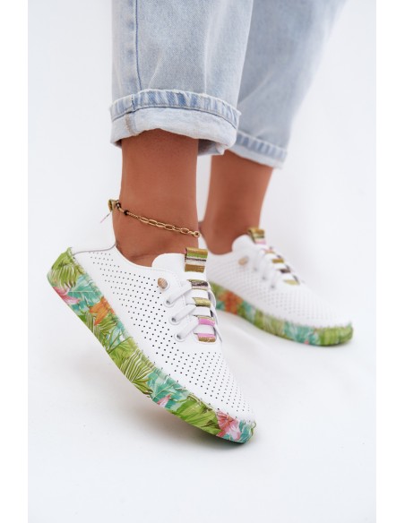 Leather Women's Shoes With Patterned Platform Artiker 58C0441 White-Green