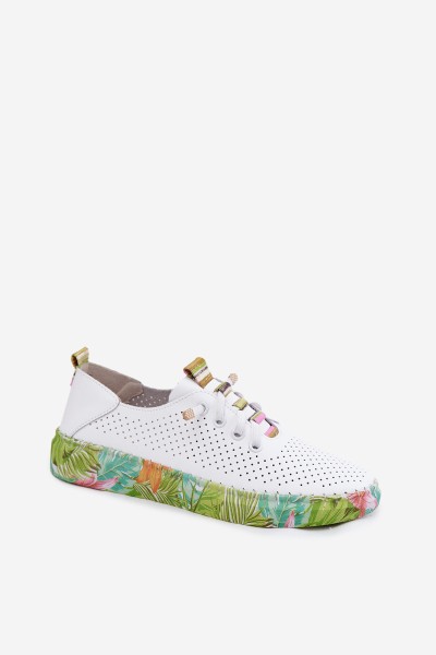 Leather Women's Shoes With Patterned Platform Artiker 58C0441 White-Green 2
