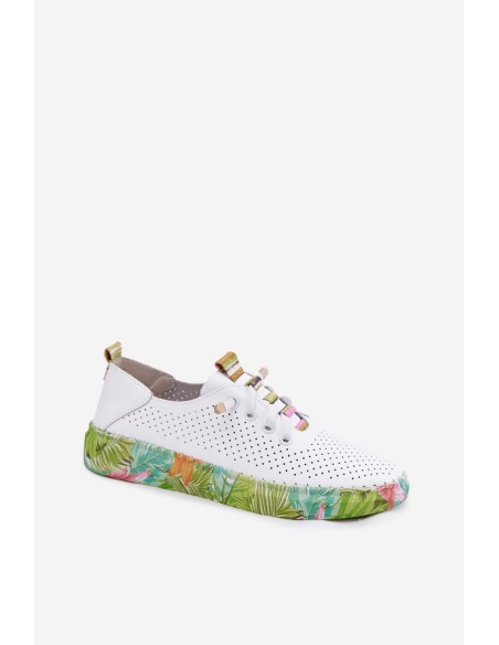 Leather Women's Shoes With Patterned Platform Artiker 58C0441 White-Green