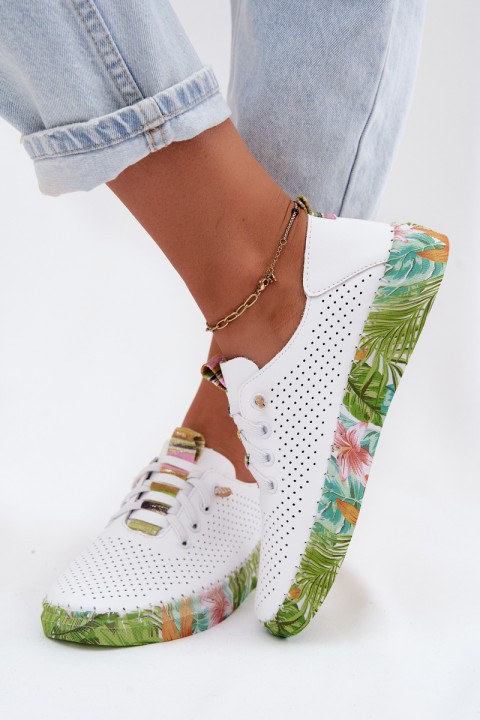 Leather Women's Shoes With Patterned Platform Artiker 58C0441 White-Green