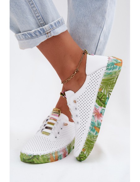 Leather Women's Shoes With Patterned Platform Artiker 58C0441 White-Green