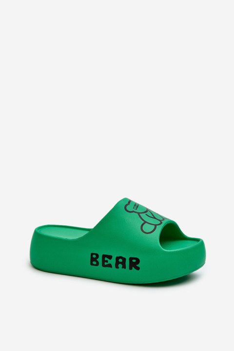 Women's Foam Slides on Chunky Sole with Teddy Bear Green Lamira