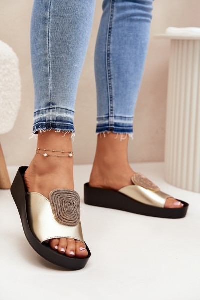 Women's Leather Slippers With Decoration KV51-028 Gold