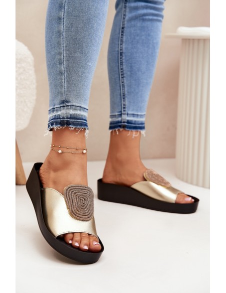 Women's Leather Slippers With Decoration KV51-028 Gold